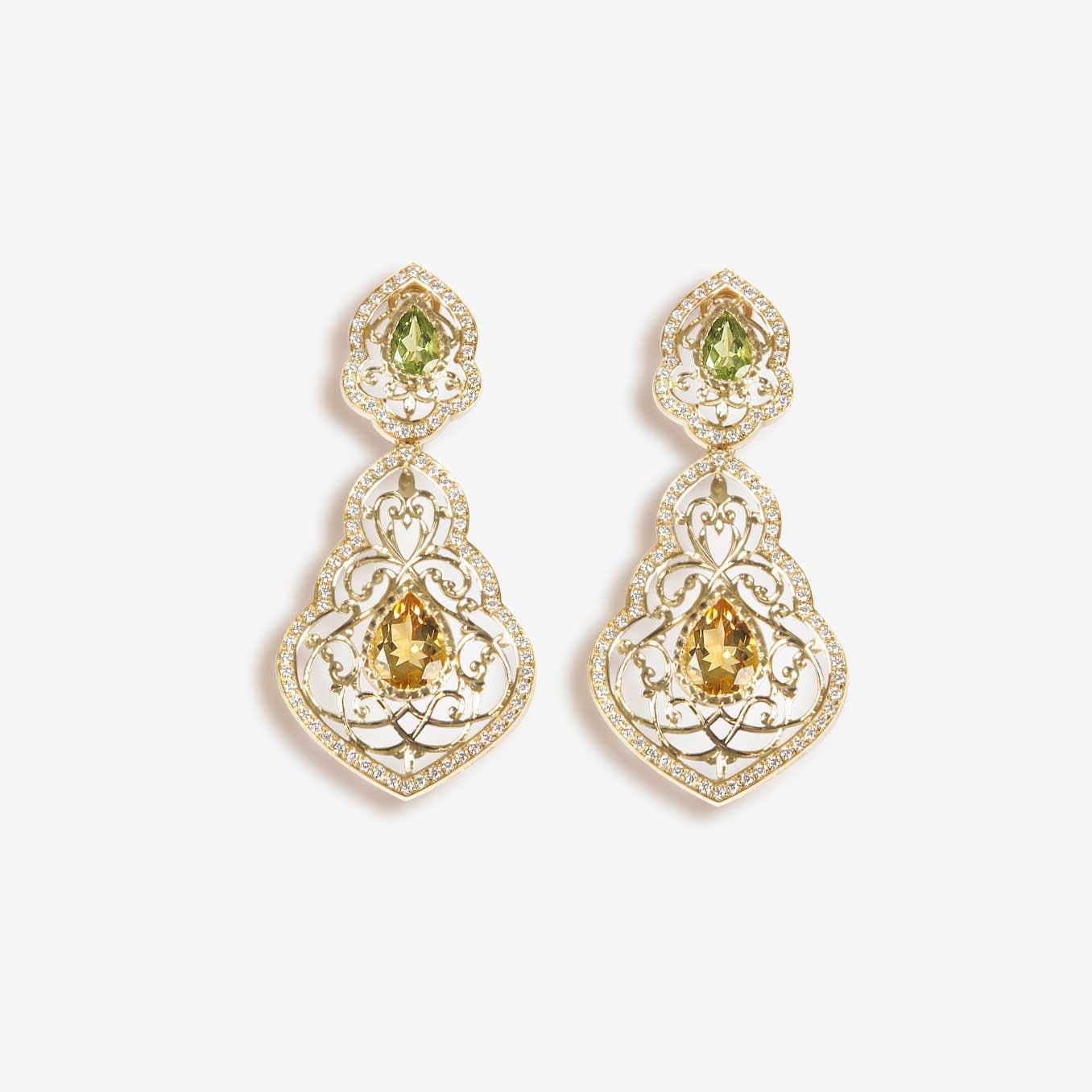 Boucles doreilles Neo Beldi Or jaune 18 carats sertie de citrine peridot et diamants GVVS1 Bijouterie traditionnelle maroc