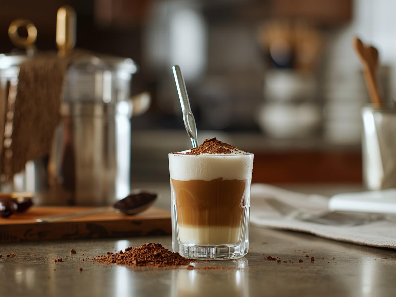 Genere moi une image dun tiramisu latte dans la maison entrain de le preparer. limage ne doit pas etre trop zoome sur le tiramisu latte et larriere plan doit etre coherant Genere moi une image dun tiramisu latte dans la maison entrain de le preparer. limage ne doit pas etre trop zoome sur le tiramisu latte et larriere plan doit etre coherant