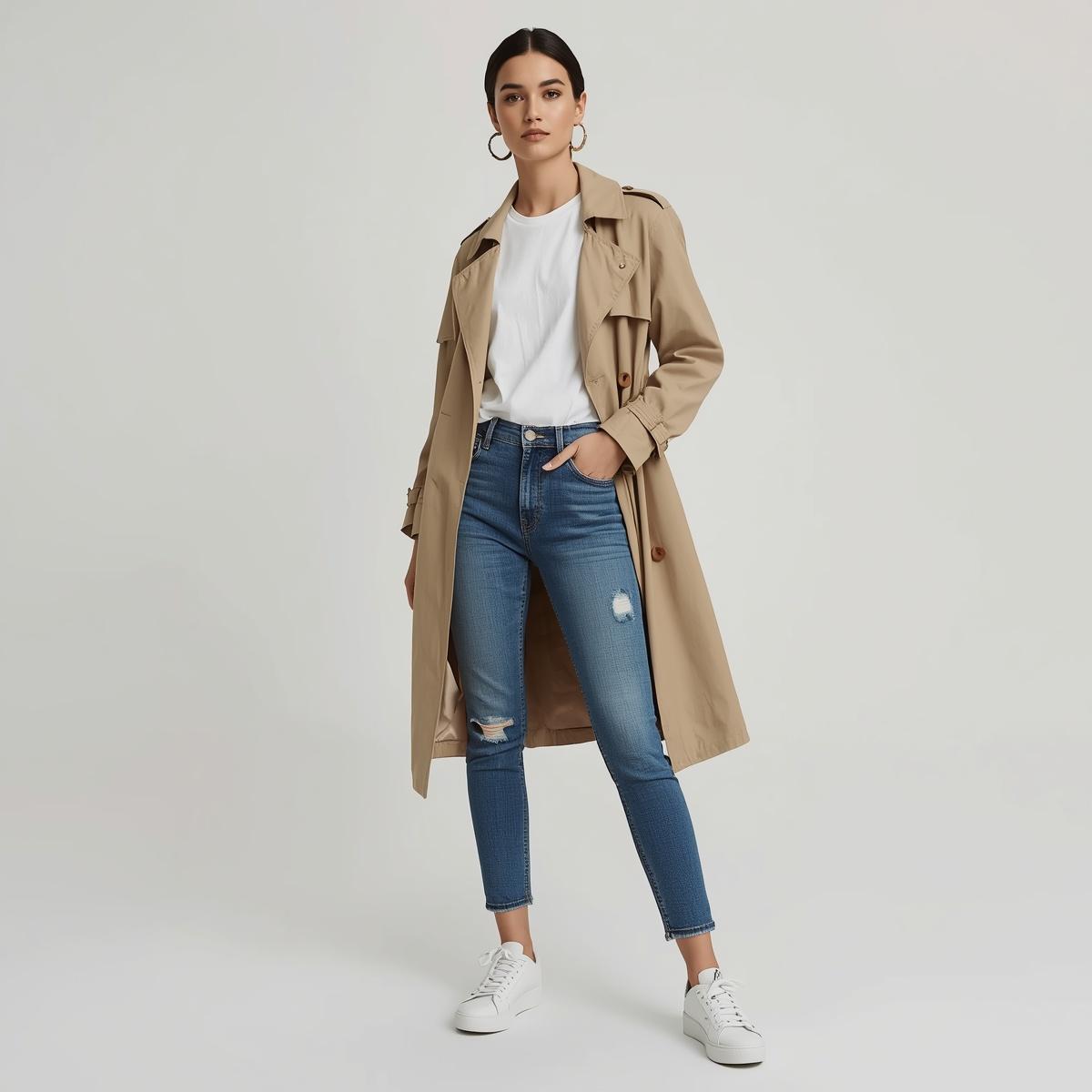 On est un magazine feminin et souhaitons generer une image dune femme qui porte un trench de mi saison avec Jean t shirt blanc sneakers. IMPORTANT NE METS PAS DE TEXTE DANS LIMAGE GENEREE. Merci