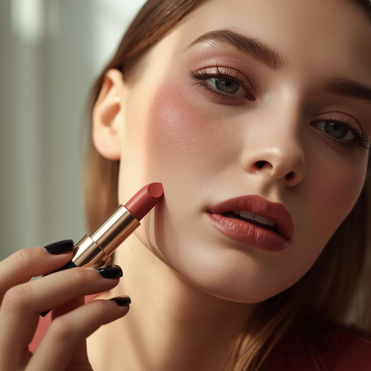 On est un magazine feminin et souhaitons generer une image dune femme qui utilise son rouge a levre comme blush. IMPORTANT NE METS PAS DE TEXTE DANS LIMAGE GENEREE. Merci