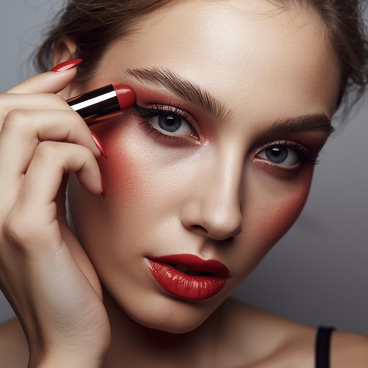 On est un magazine feminin et souhaitons generer une image dune femme qui utilise son rouge a levres sur les paupieres. IMPORTANT NE METS PAS DE TEXTE DANS LIMAGE GENEREE. Merci
