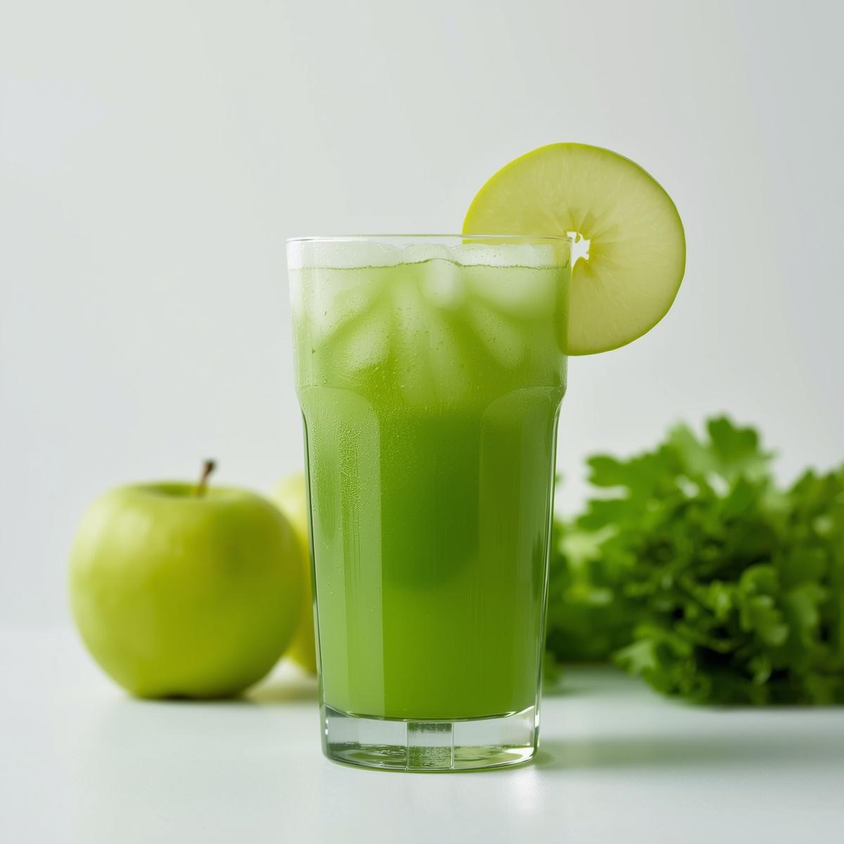 We are a womens magazine and want to generate the following image jus pomme pomme verte celeri photo prise de devant. IMPORTANT NE METS PAS DE TEXTE DANS LIMAGE GENEREE. Merci